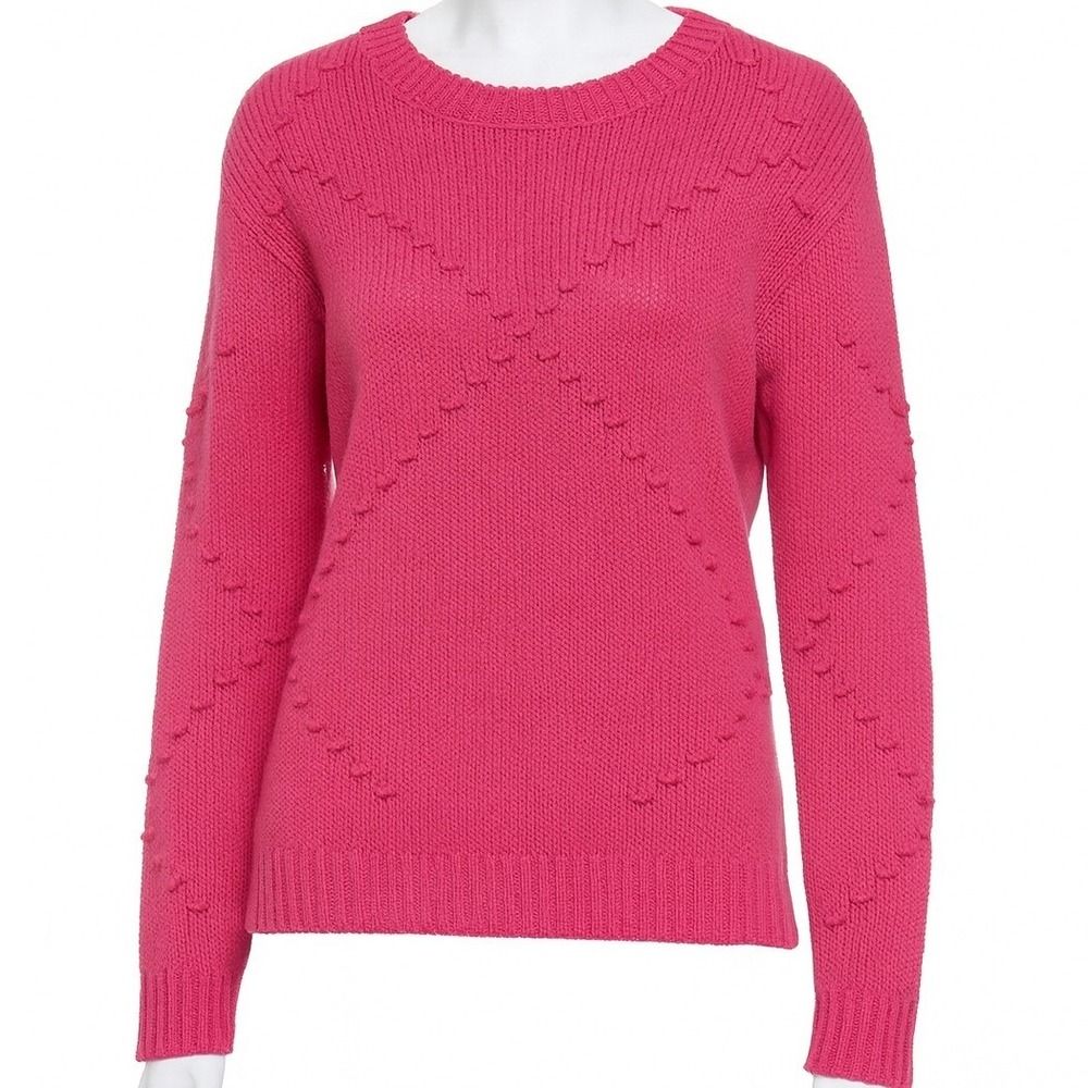 Hot Pink Fuschia Textured Knit Sweater Medium Bobble Pom Pom Wool Blend Barbie